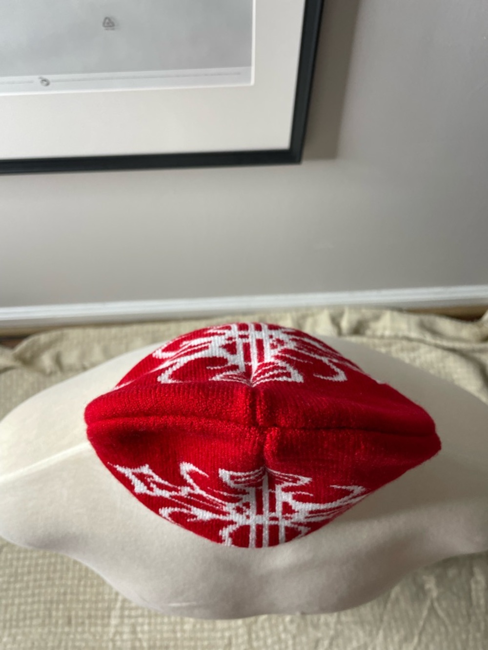Red Knit Beanie with White Geometric Pattern